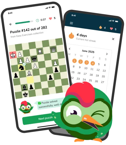 Disco Chess mobile app showing interactive chess puzzle solving interface with progress tracking and statistics